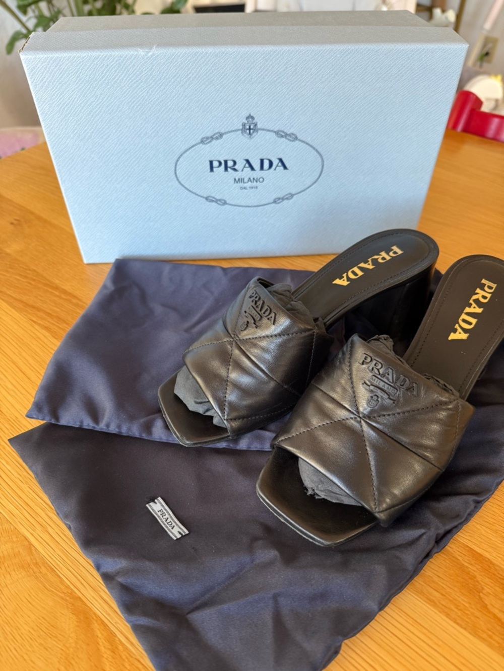 Prada Black Quilted Leather Square-Toe Heel Mules - Picture 2 of 11